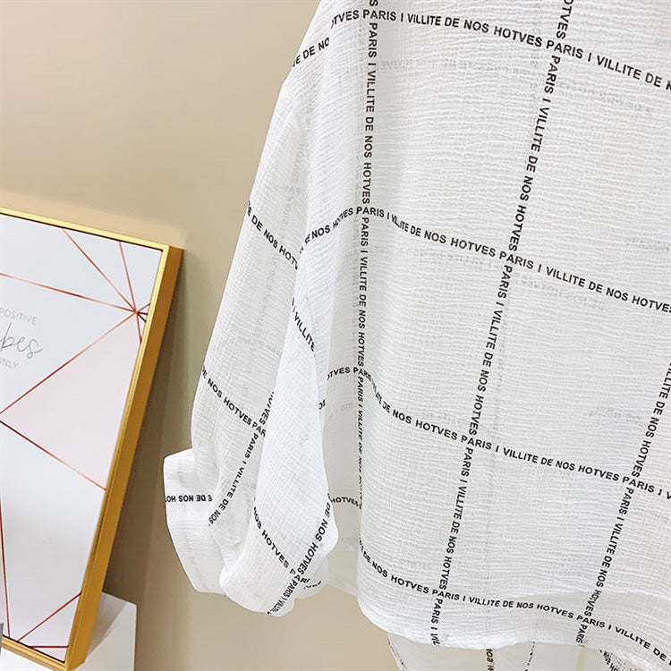 White Grid Text Print Shirt