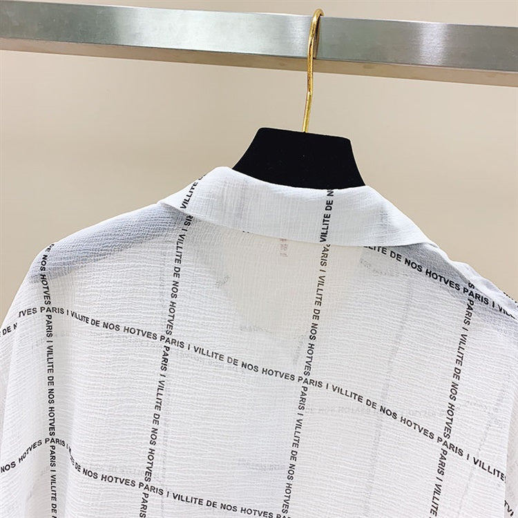 White Grid Text Print Shirt