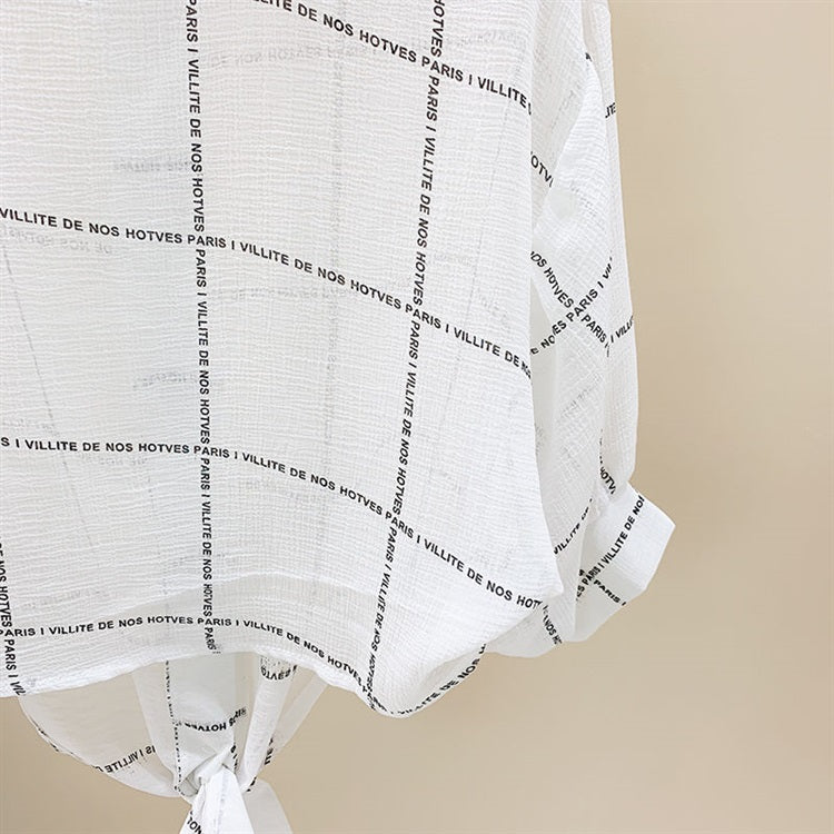 White Grid Text Print Shirt