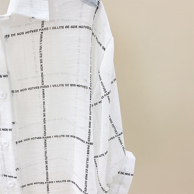 White Grid Text Print Shirt