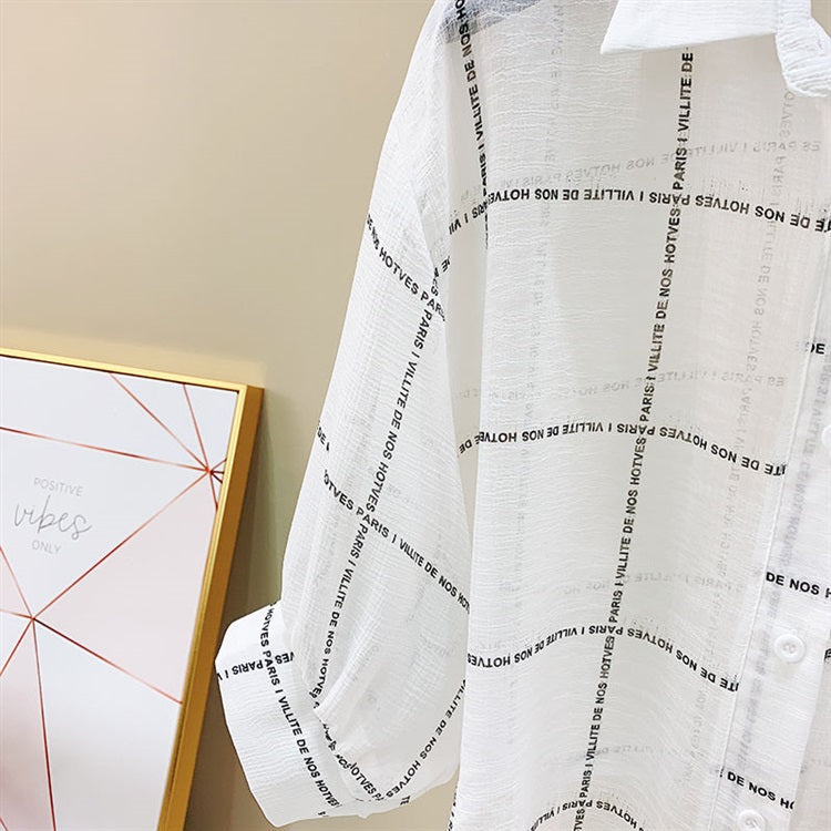 White Grid Text Print Shirt