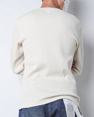 White Half Button Waffle Sweater
