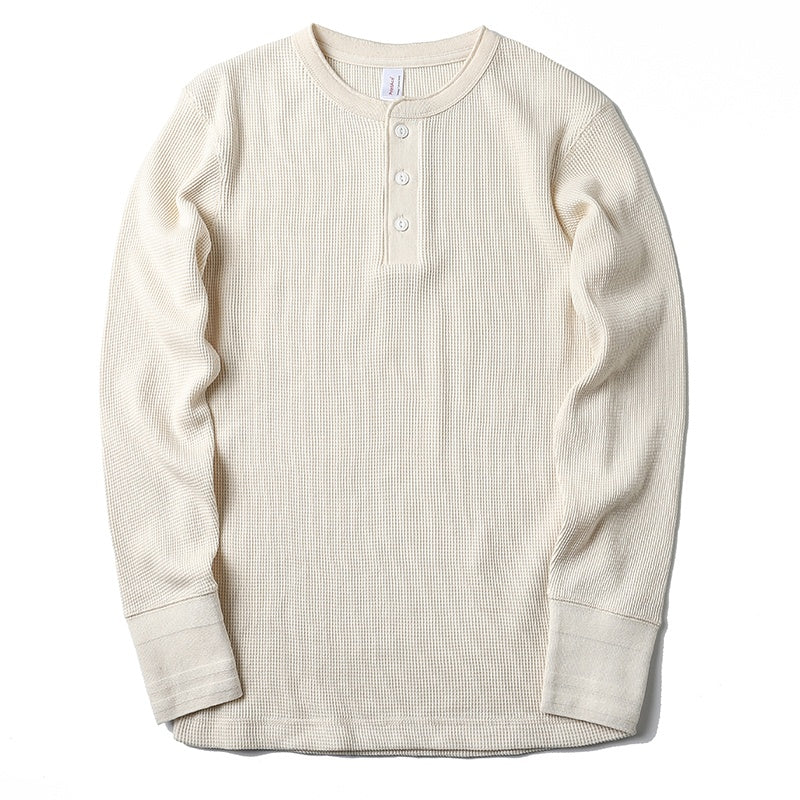 White Half Button Waffle Sweater