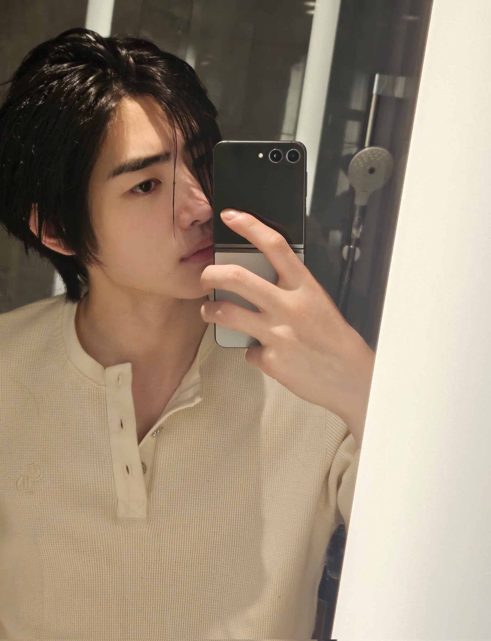 White Half Button Waffle Sweater