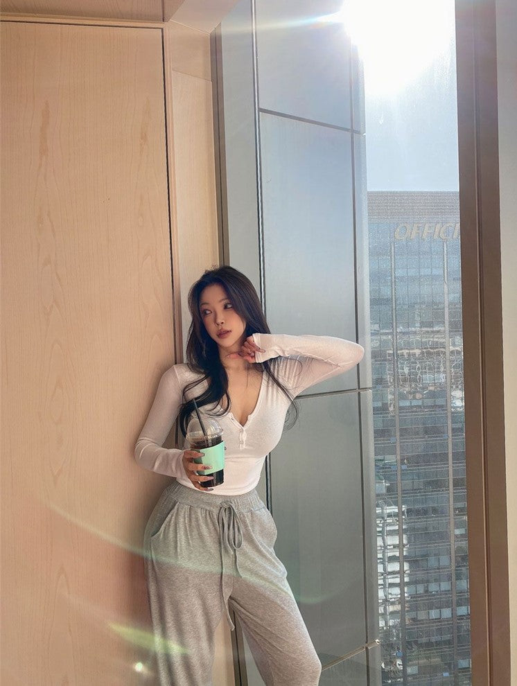 White Half-Buttoned Long Sleeves T-Shirt