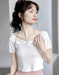 White Halter Neck Puff Sleeve Top