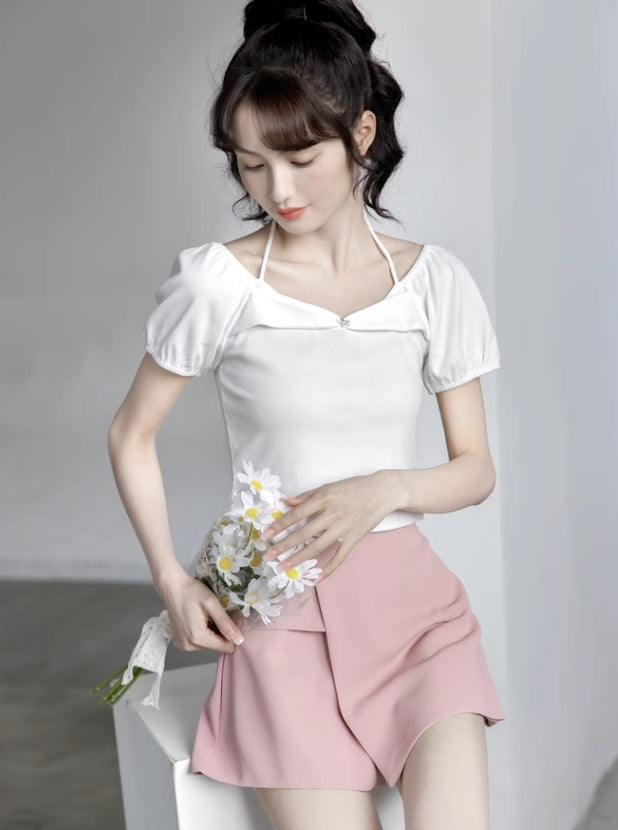 White Halter Neck Puff Sleeve Top