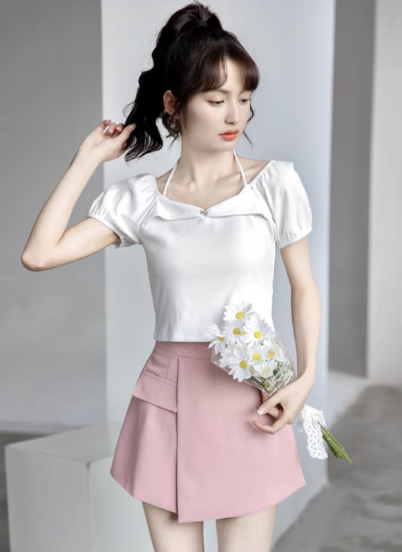 White Halter Neck Puff Sleeve Top
