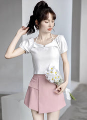 White Halter Neck Puff Sleeve Top