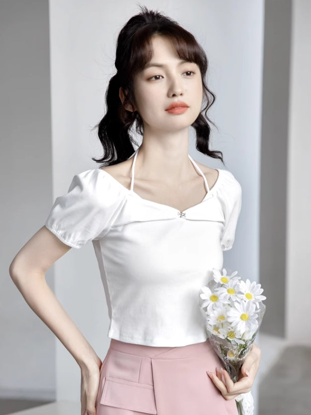 White Halter Neck Puff Sleeve Top