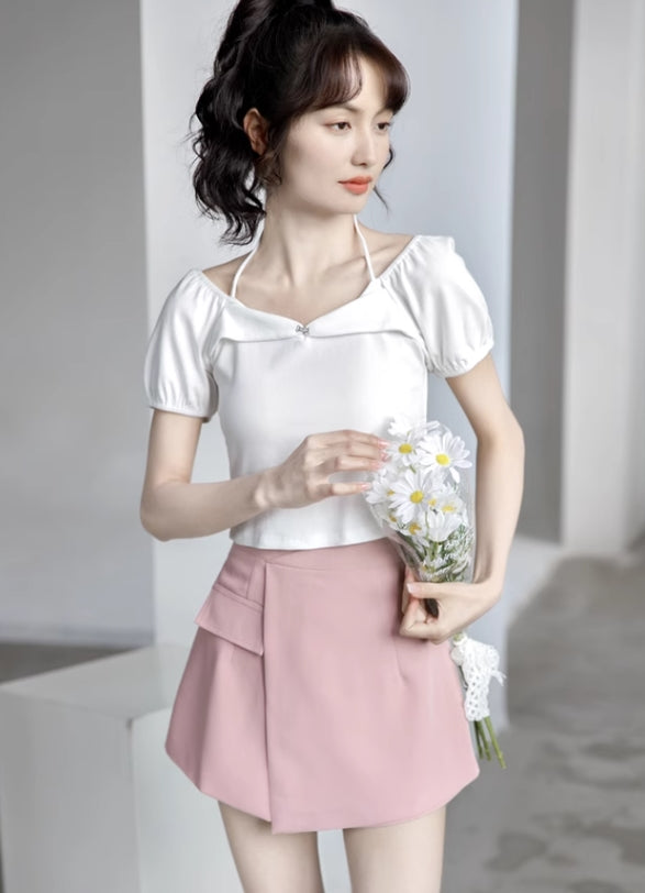 White Halter Neck Puff Sleeve Top