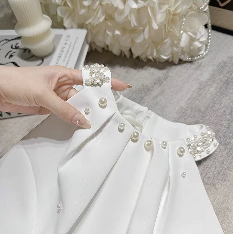 White Halter Pearls Mini Dress