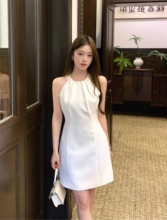 White Halter Pearls Mini Dress