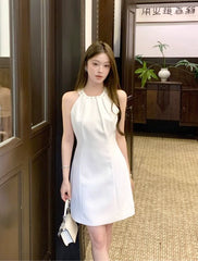 White Halter Pearls Mini Dress