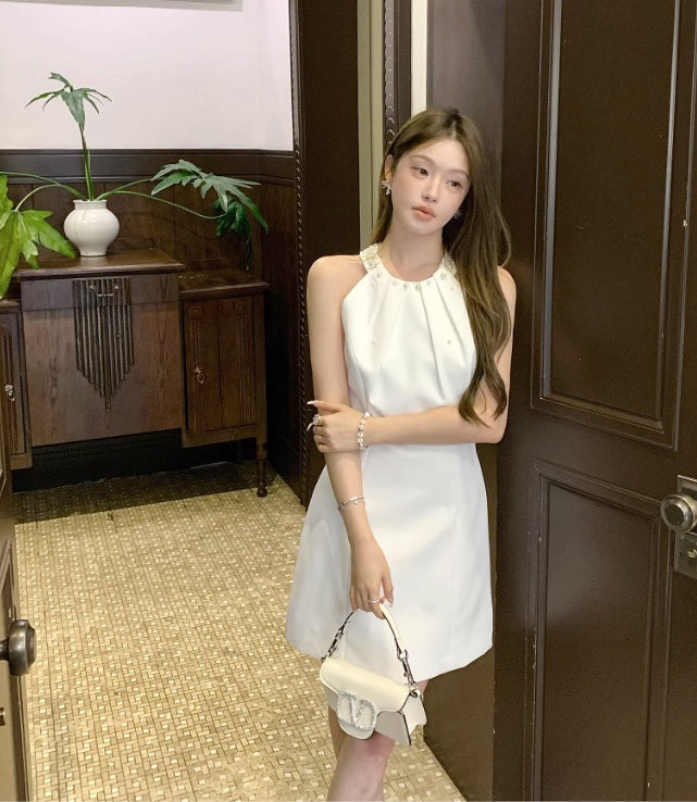 White Halter Pearls Mini Dress
