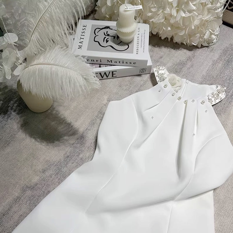 White Halter Pearls Mini Dress