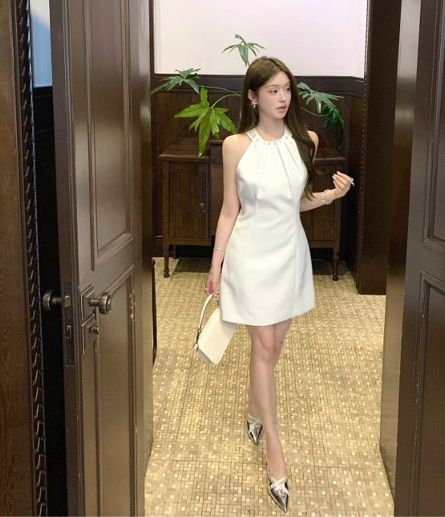 White Halter Pearls Mini Dress