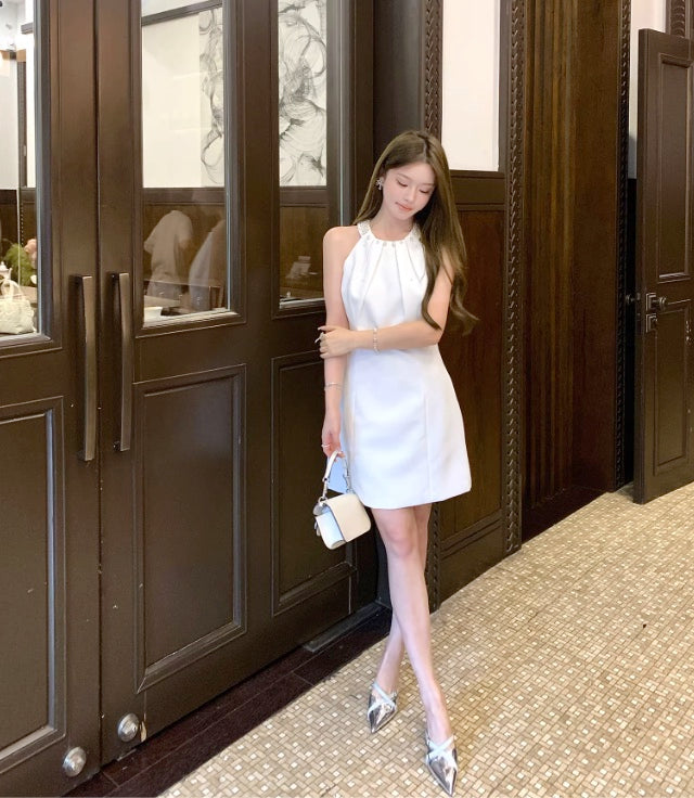 White Halter Pearls Mini Dress