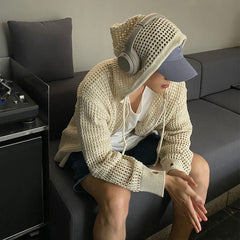 White Hollow Knit Hooded Cardigan