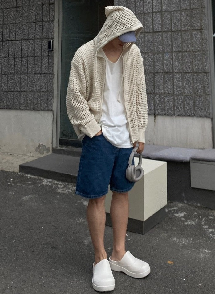 White Hollow Knit Hooded Cardigan