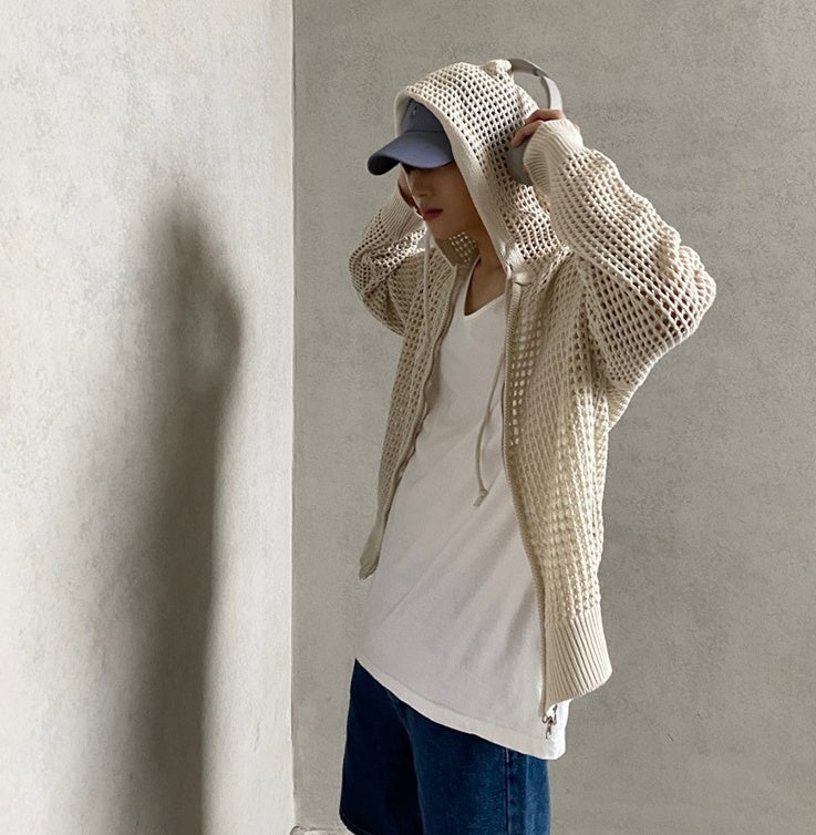 White Hollow Knit Hooded Cardigan