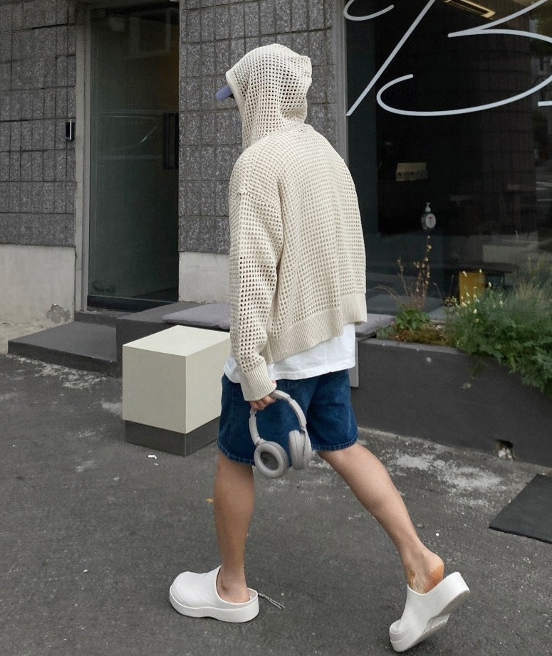 White Hollow Knit Hooded Cardigan
