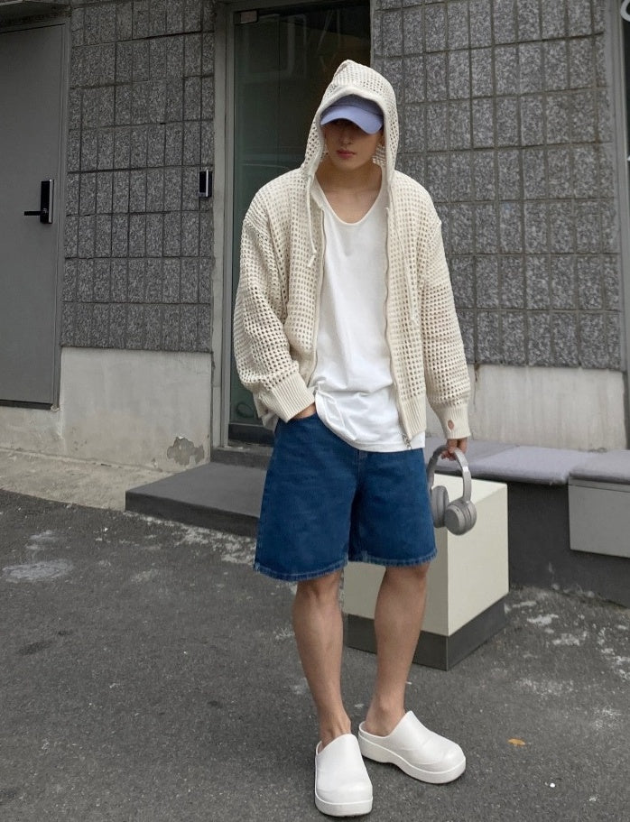 White Hollow Knit Hooded Cardigan