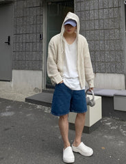 White Hollow Knit Hooded Cardigan