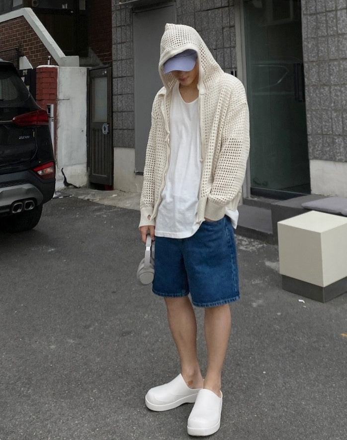 White Hollow Knit Hooded Cardigan