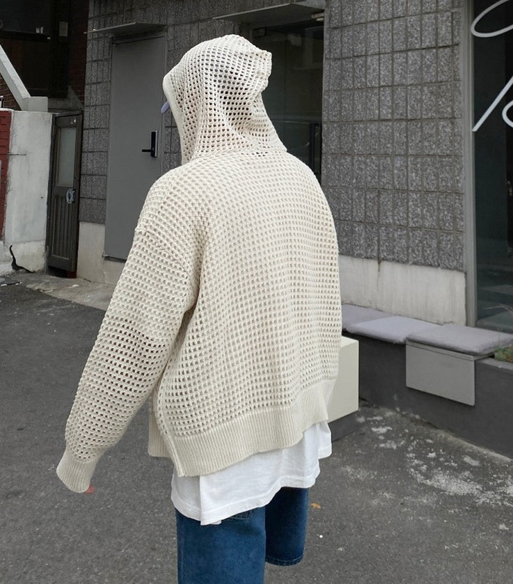White Hollow Knit Hooded Cardigan
