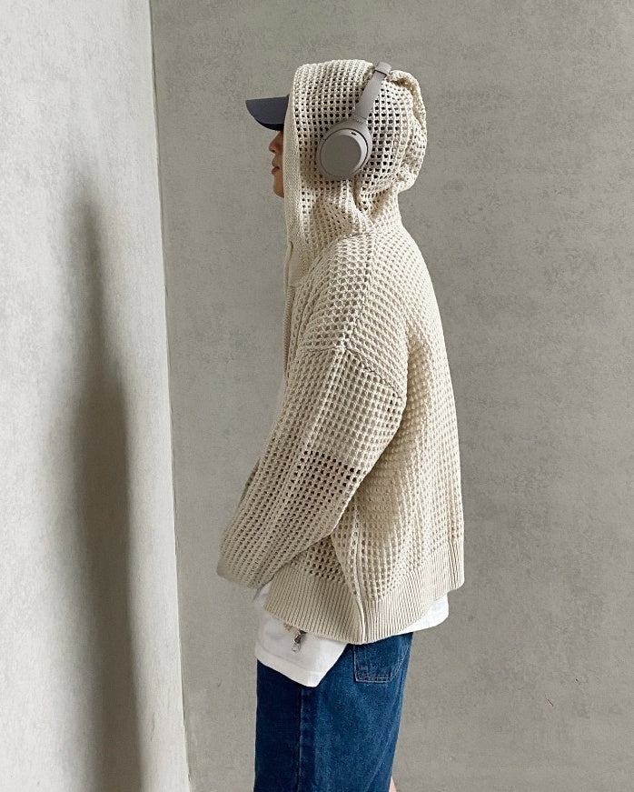 White Hollow Knit Hooded Cardigan