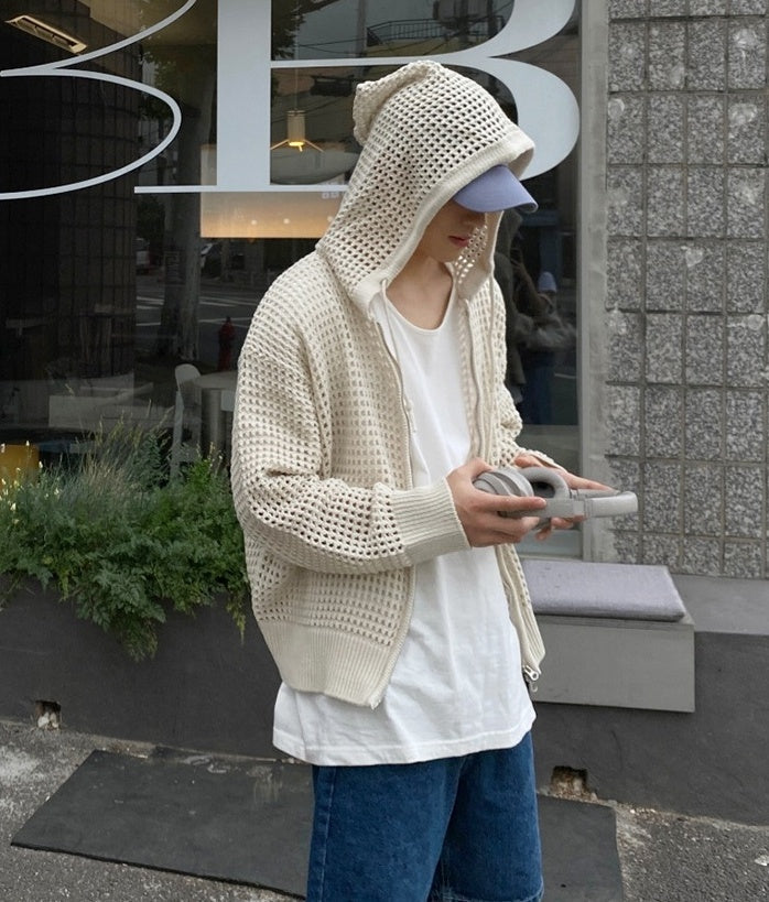 White Hollow Knit Hooded Cardigan