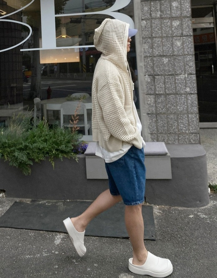 White Hollow Knit Hooded Cardigan
