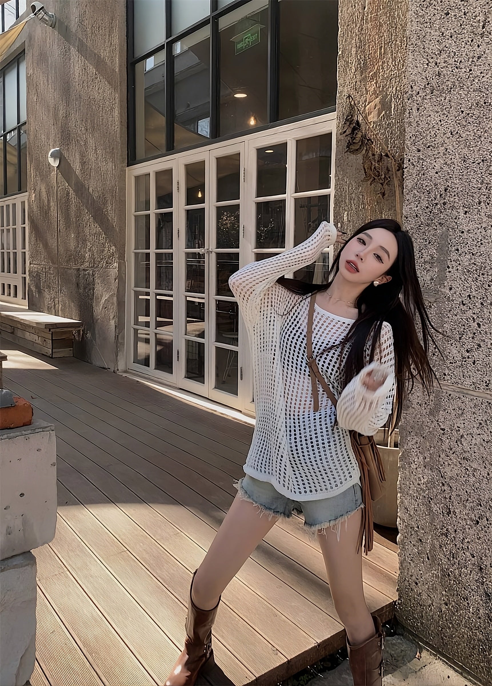 White Hollow Knitted See-Through Sweater