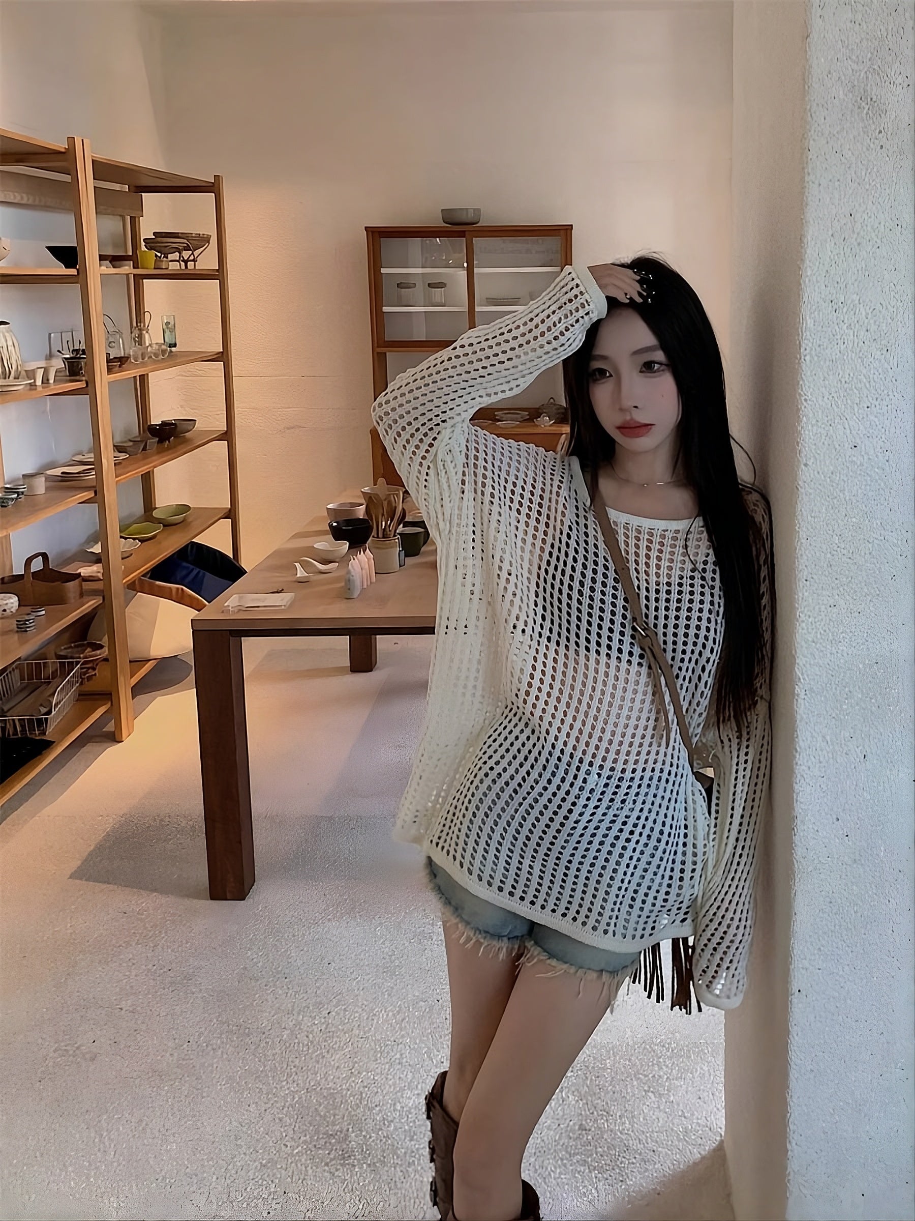 White Hollow Knitted See-Through Sweater