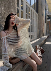 White Hollow Knitted See-Through Sweater