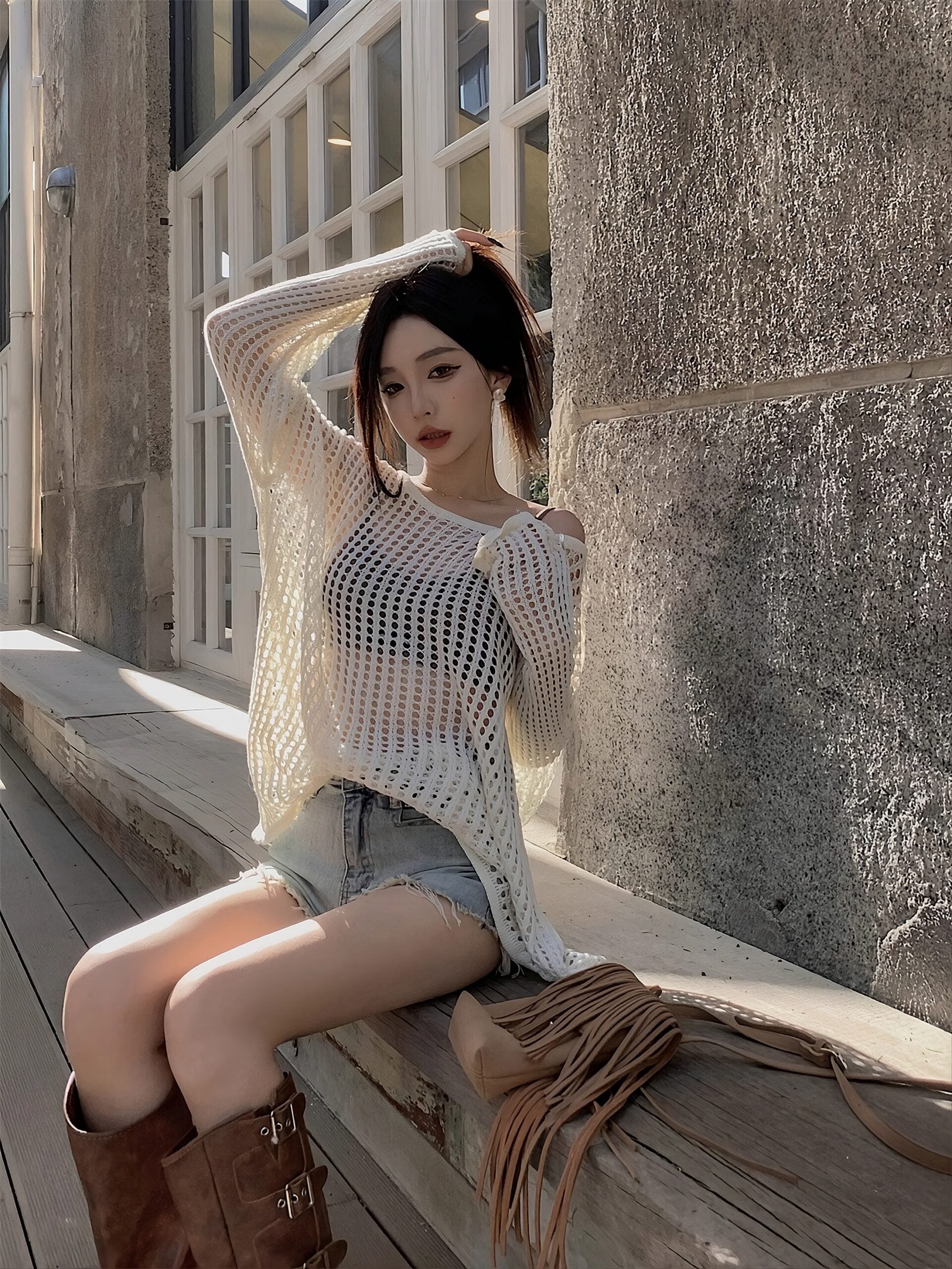 White Hollow Knitted See-Through Sweater