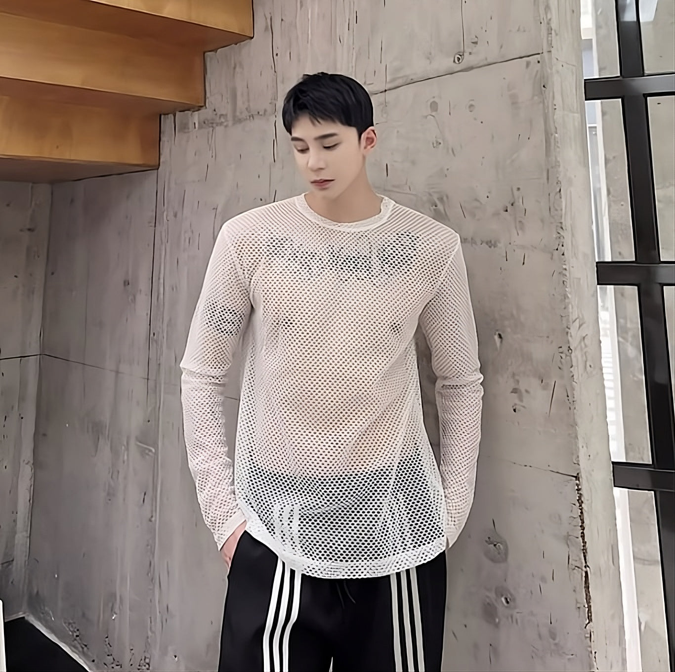 White Hollow Net Long Sleeves Top