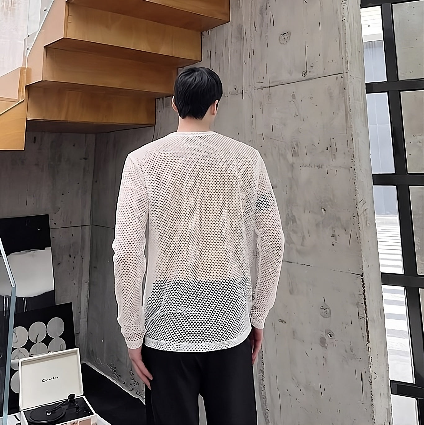 White Hollow Net Long Sleeves Top