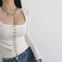 White Hooks Square Neckline Crop Top