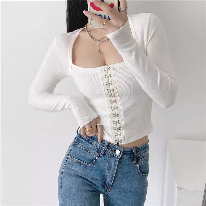 White Hooks Square Neckline Crop Top
