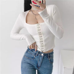 White Hooks Square Neckline Crop Top