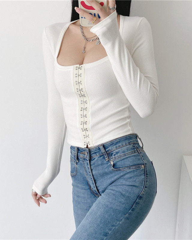 White Hooks Square Neckline Crop Top