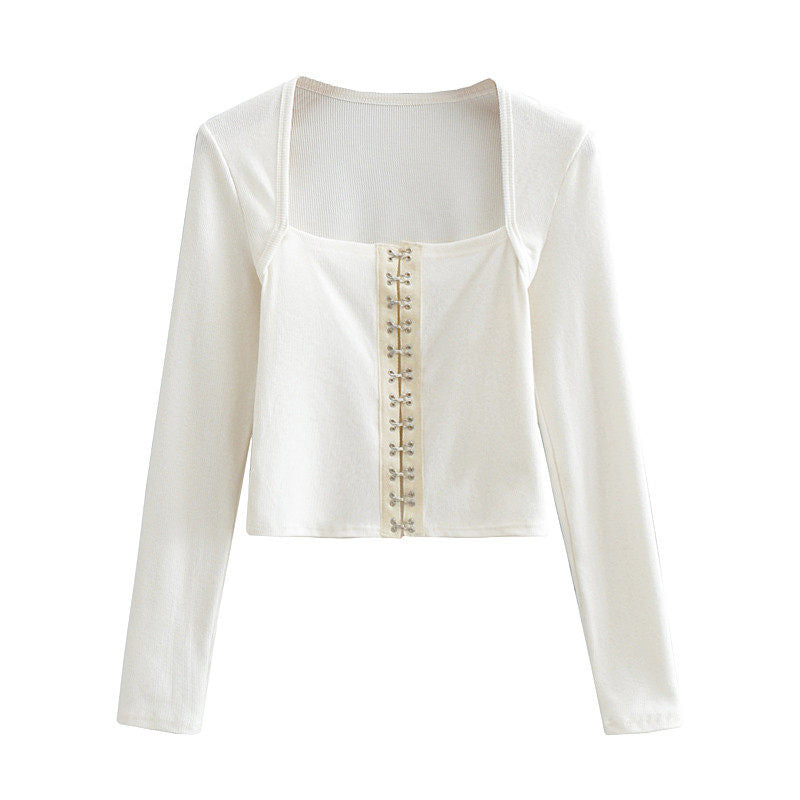 White Hooks Square Neckline Crop Top