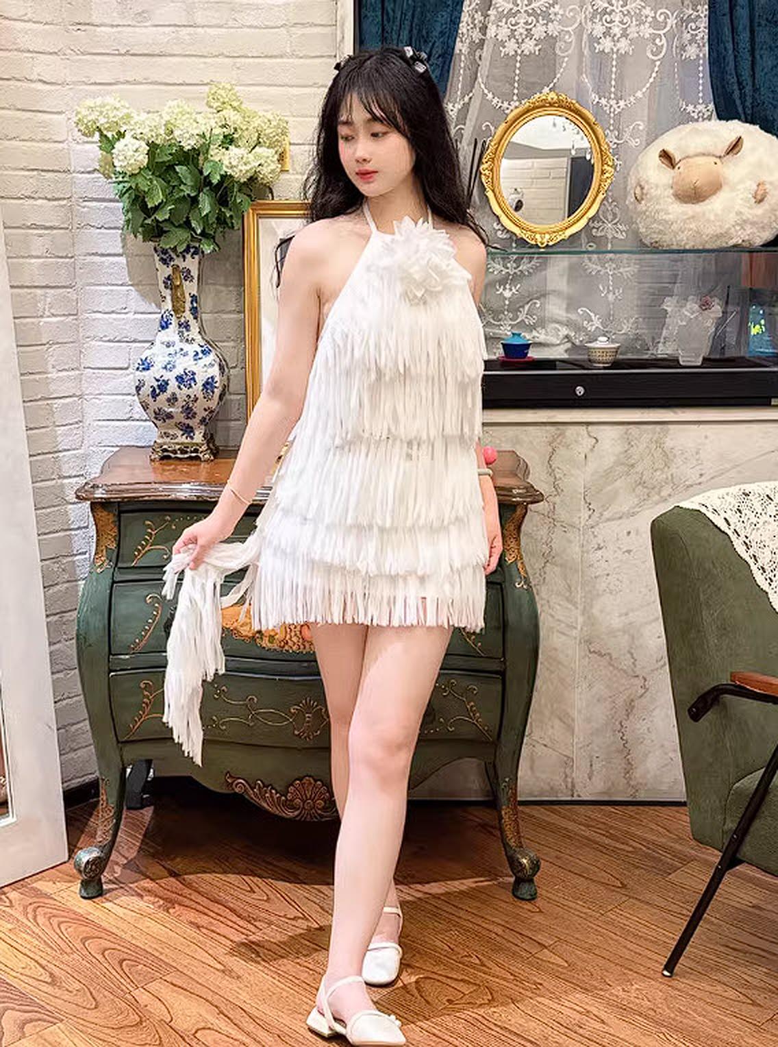 White Irregular Fringed Halter Top and Skirt Set