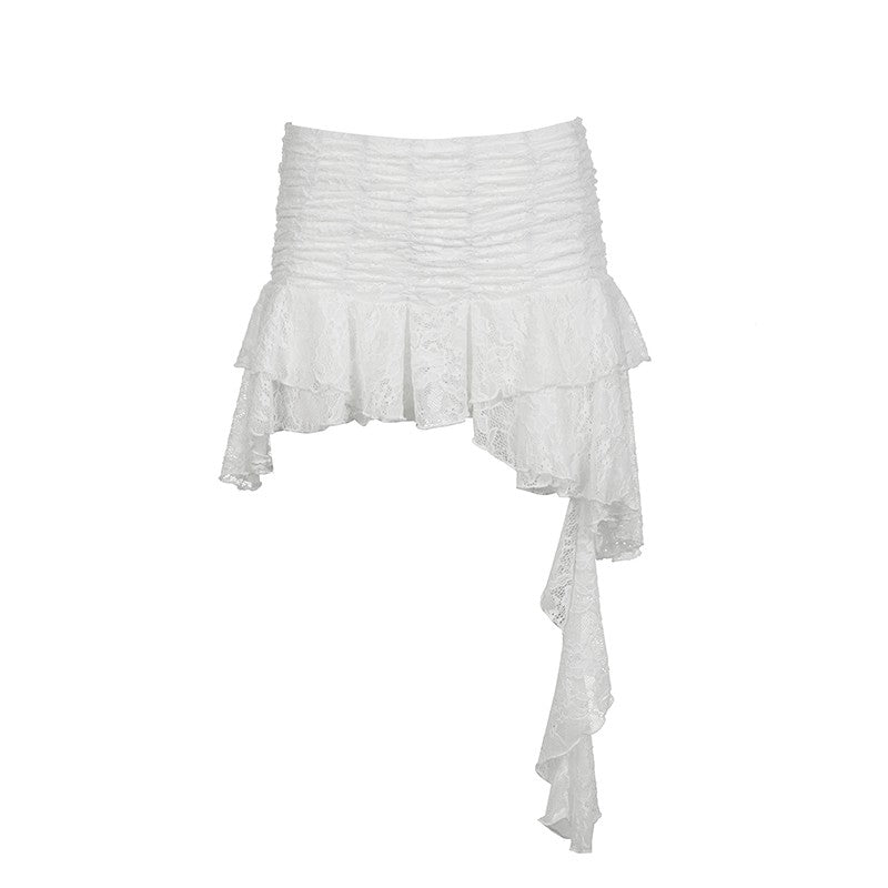 White Irregular Layered Lace Skirt
