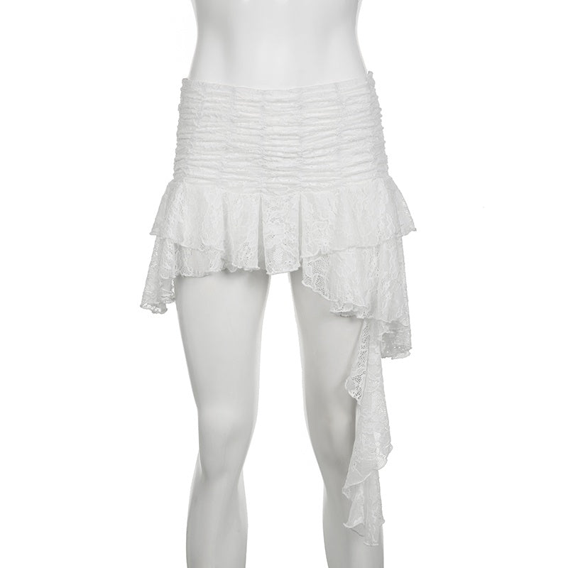 White Irregular Layered Lace Skirt