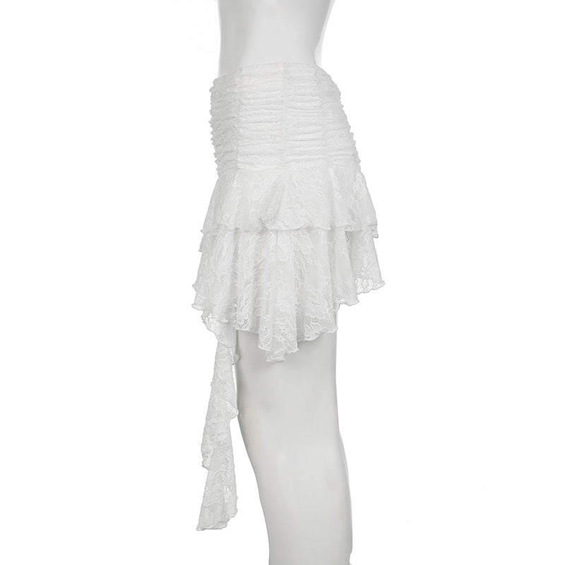 White Irregular Layered Lace Skirt