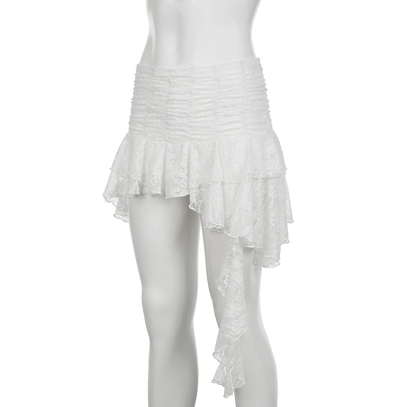 White Irregular Layered Lace Skirt