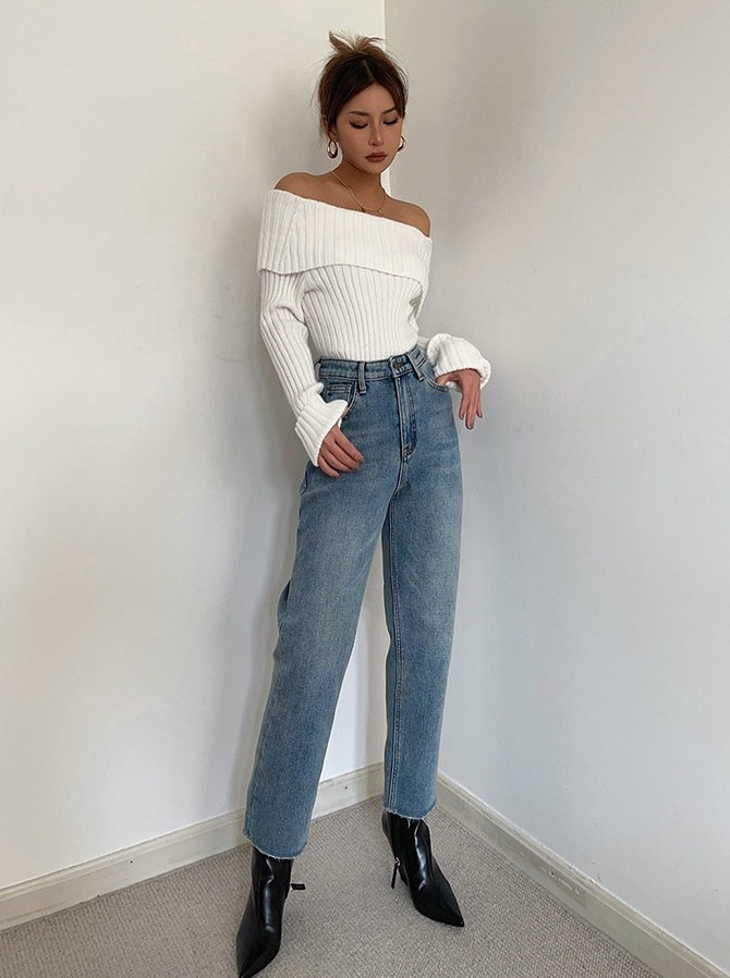White Knit Off-Shoulder Ribbed Sweater